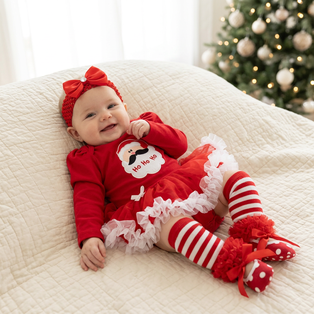 Bebé con conjunto navideño rojo y accesorios a juego