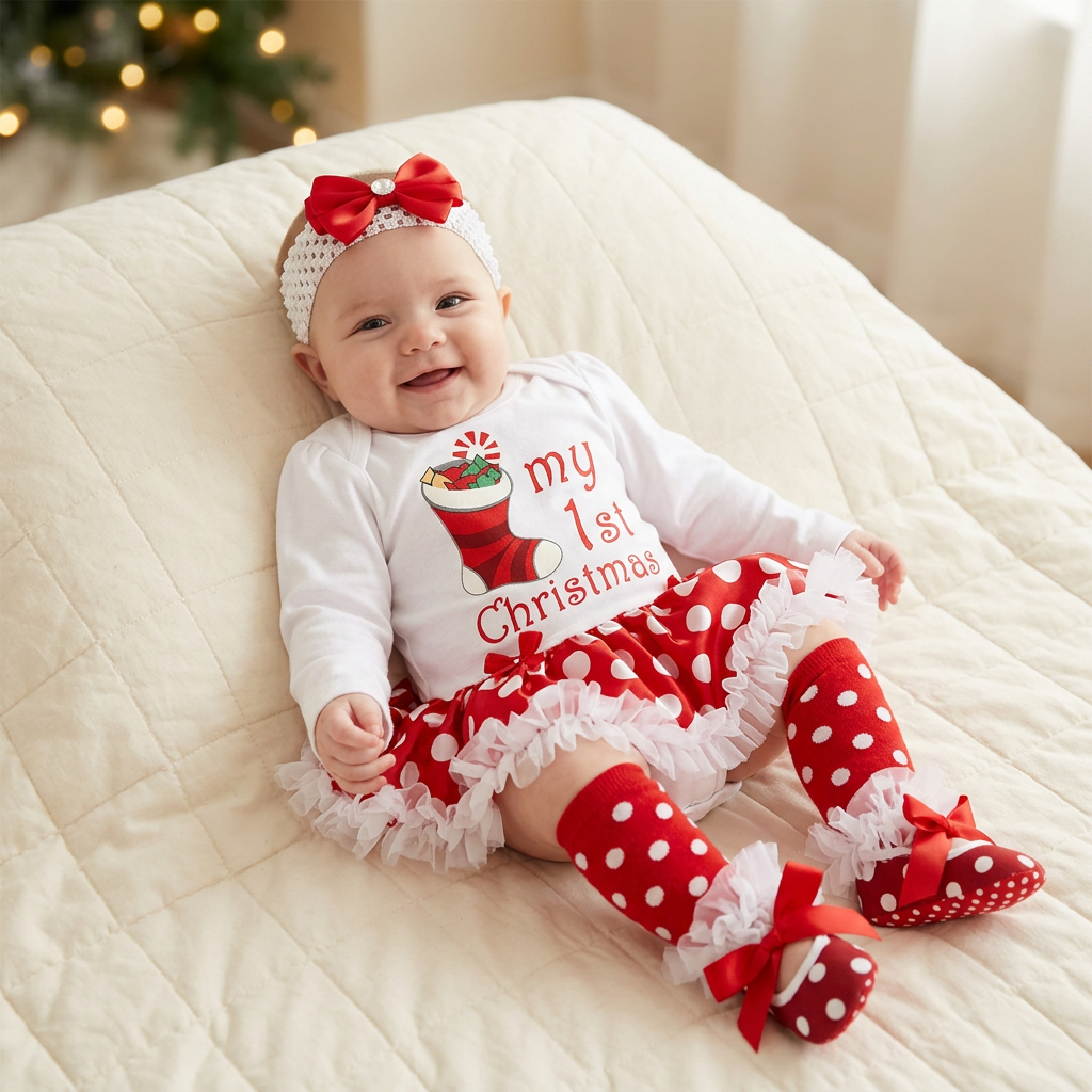 Bebé con conjunto de primera Navidad y accesorios a juego