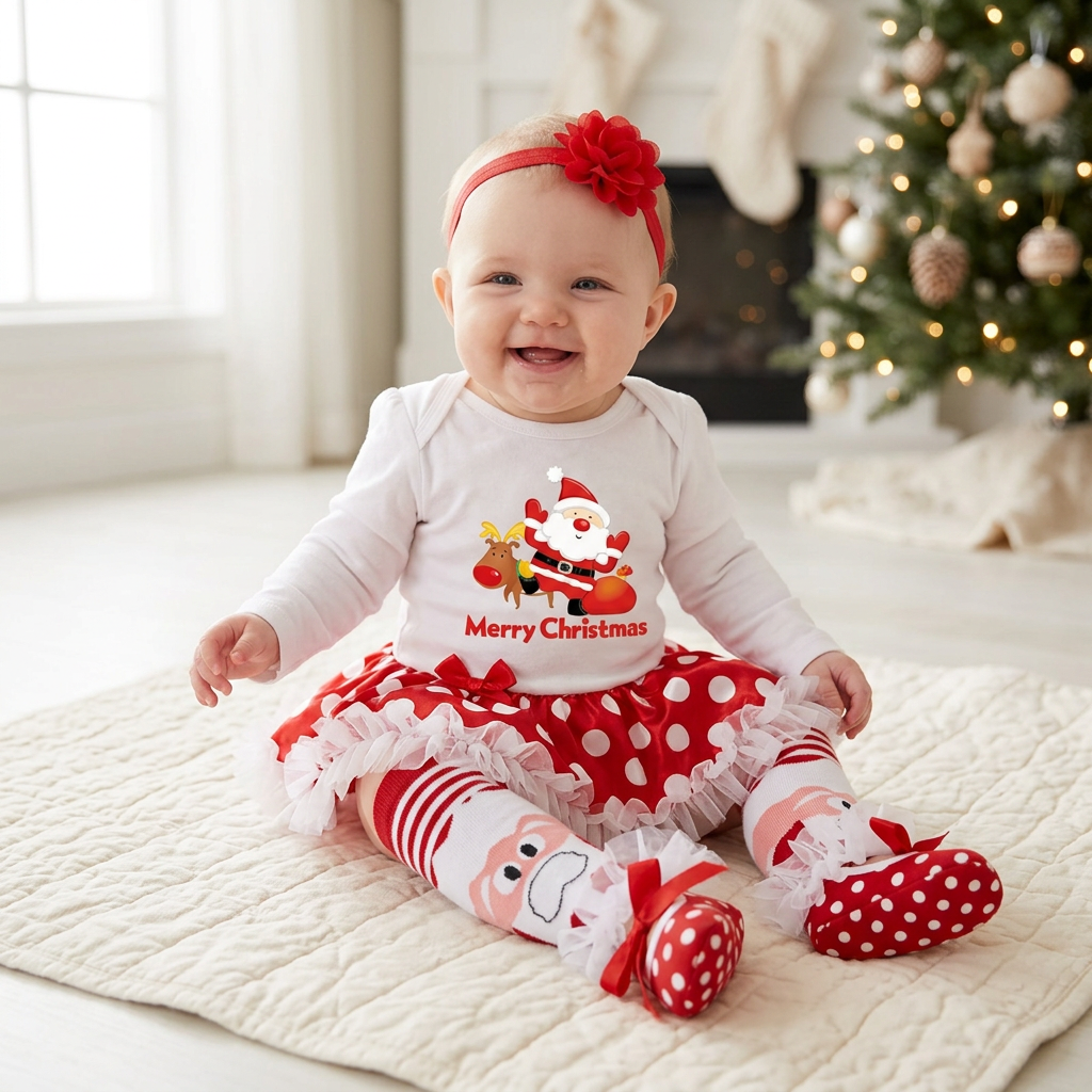 Bebé con conjunto navideño blanco de Papá Noel y accesorios a juego