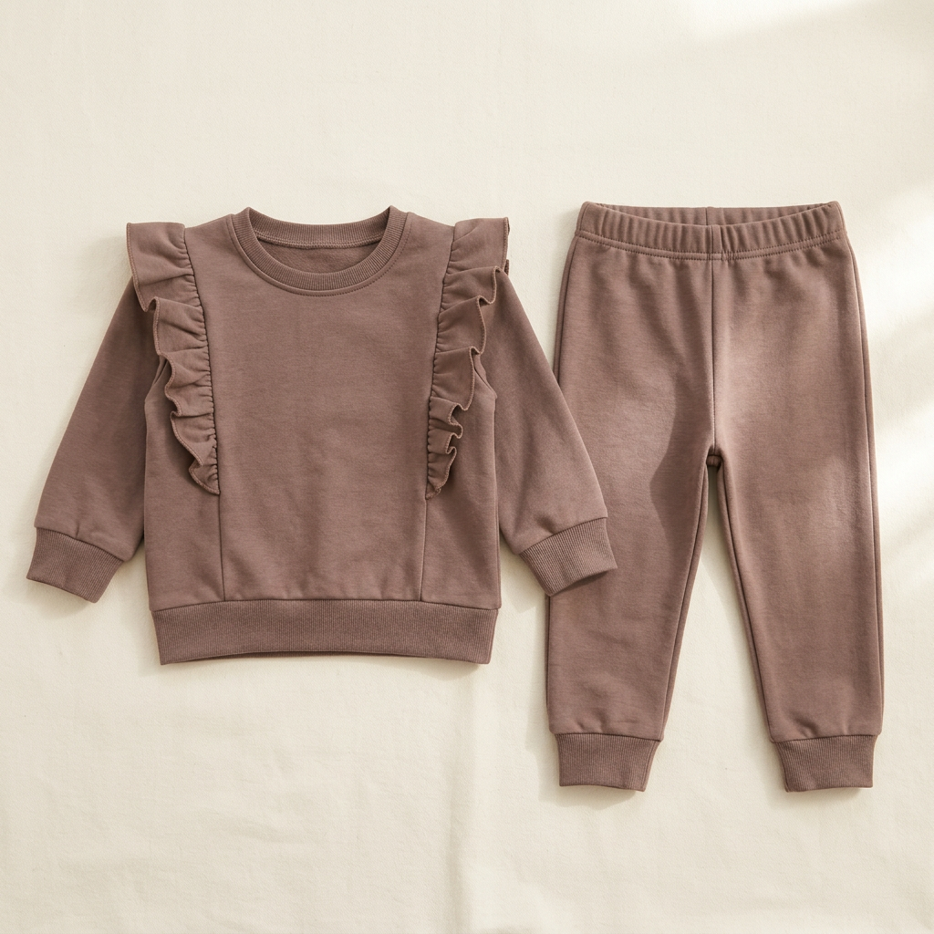 Conjunto marrón de sudadera con volantes y pantalón para bebé sobre fondo crema
